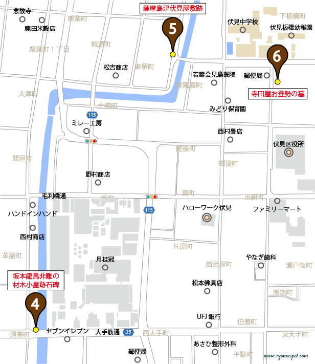 京都伏見区にある坂本龍馬史跡マップ 